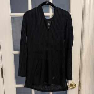 BILLABONG Women's Navy Blue Ribbed V-Neck Hooded Tunic Length Top Size S